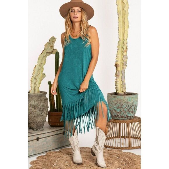 Blue Buttercup Mineral Wash Turquoise Fringe Midi Dress New S-L KD81387 - Picture 1 of 1